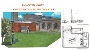 CGI mockup of people on lawn outside Cambridge Museum of Technology with title "Beauty in Decay: Annexe Rooms and the Decay Lab"