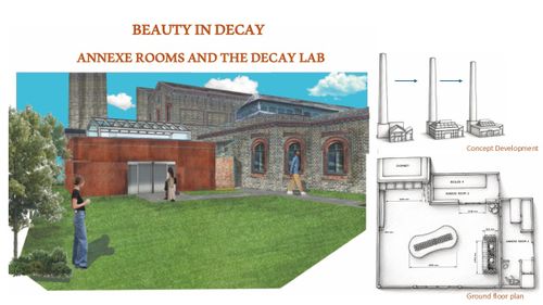 CGI mockup of people on lawn outside Cambridge Museum of Technology with title "Beauty in Decay: Annexe Rooms and the Decay Lab"