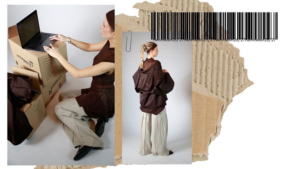 Two photos of female model wearing brown top and headband and grey trouser among cardboard boxes