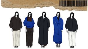Five illustration of different outfits in black, blue and white
