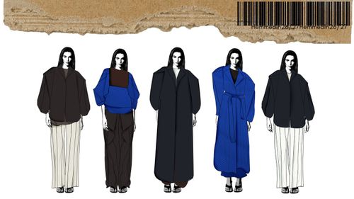 Five illustration of different outfits in black, blue and white