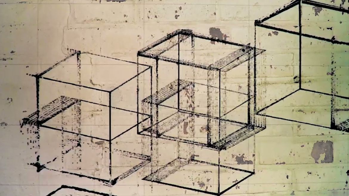 Video still showing wireframe cubes