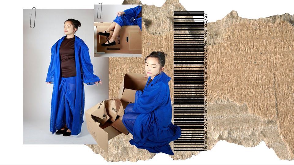 Photos of female model wearing blue gown and trousers with black top among cardboard boxes