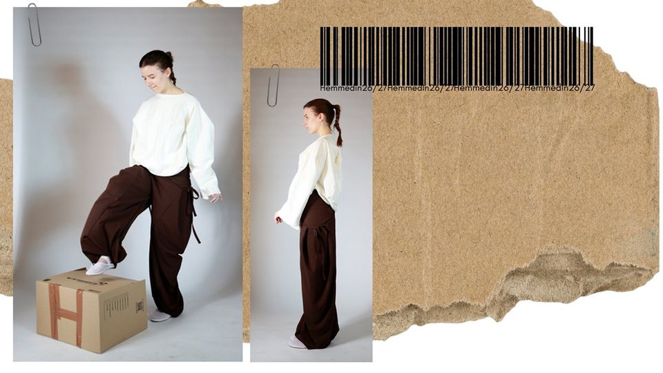 Two photos of female model wearing white top and brown trousers among cardboard boxes