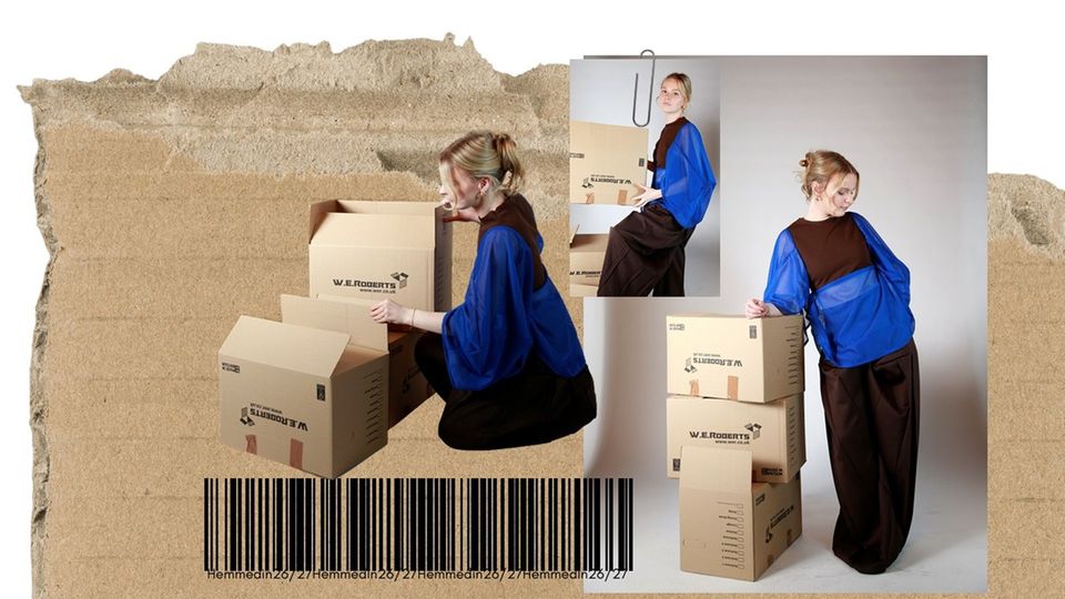Three photos of female model wearing blue and black top and black trousers among cardboard boxes