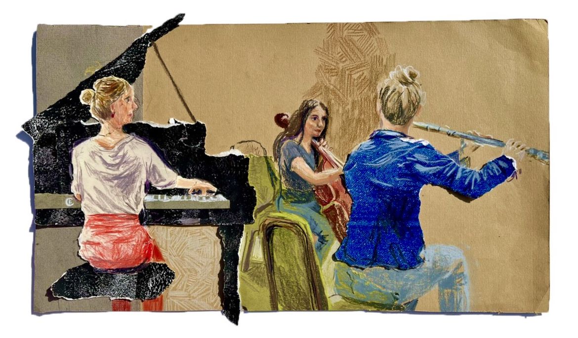 Illustration of a trio of female musicians, playing piano, cello and flute