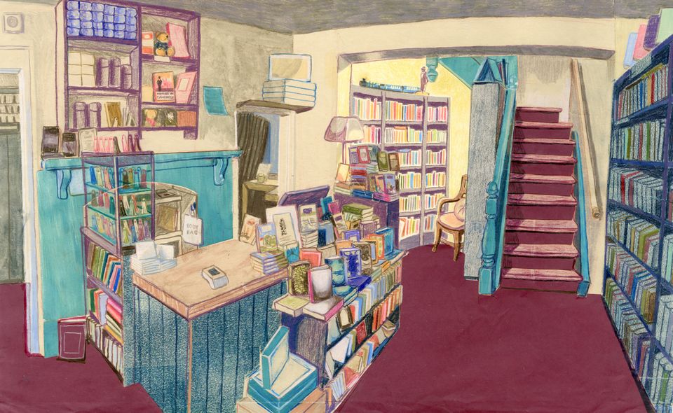 Colourful illustration of a bookshop with stairs leading up to another level