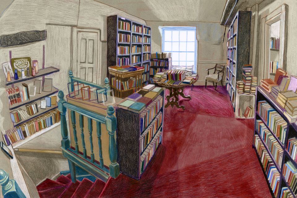 Colourful illustration of bookshop with stairs leading downstairs