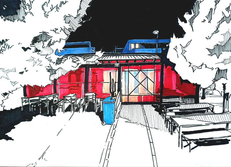 Illustration of red building with blue roof among black and white trees