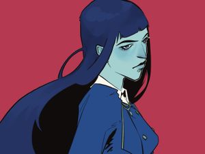 Stylised illustration of woman with long dark har wearing blue top and white shirt
