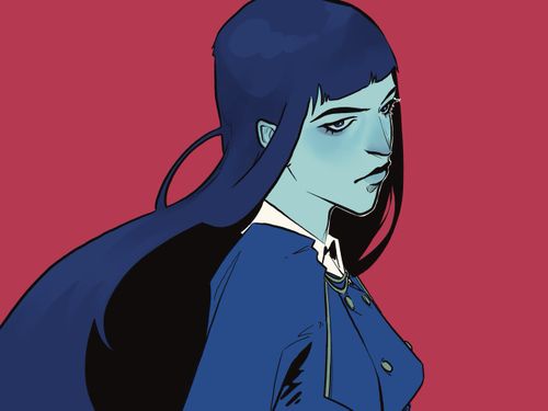 Stylised illustration of woman with long dark har wearing blue top and white shirt