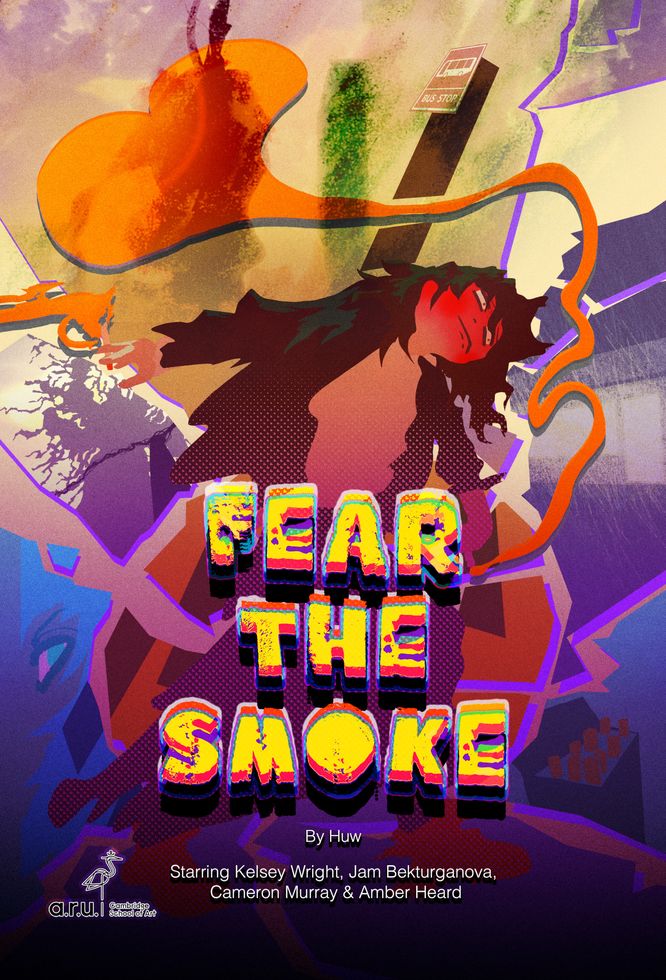 Poster for animation Fear The Smoke featuring orange smoke swirling around person with long hair and red face