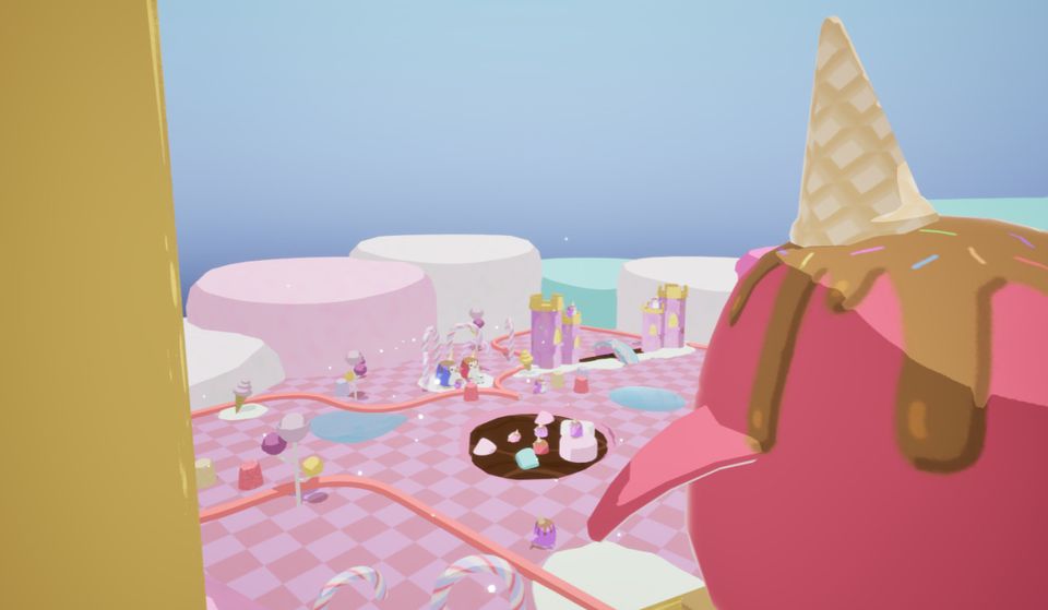Colorful video game landscape with pink ice cream theme, featuring candy-like structures, an ice cream cone sculpture, and whimsical paths.