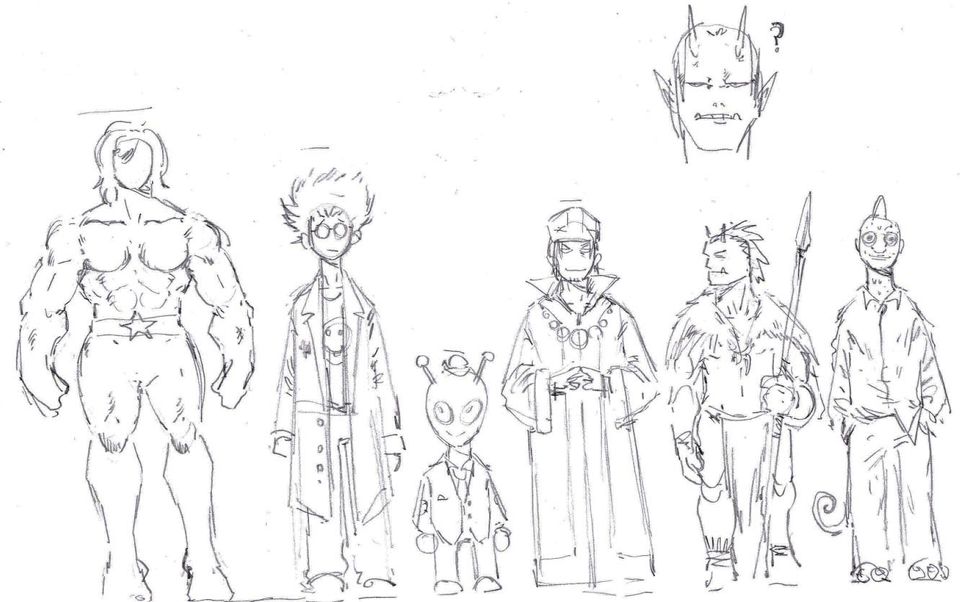 Black and white illustration of seven sci-fi characters