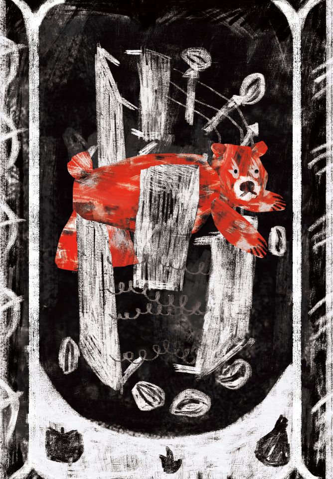 Illustration of red bear on black and white background wooden machine trapping bear