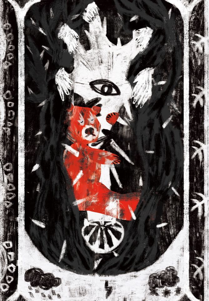Illustration of red bear on black and white background of hand with hands instead of fingers and eye on palm
