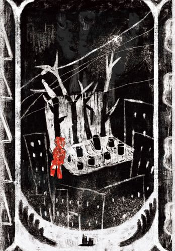 Illustration of a red bear on a black and white background of tree stumps and bare trees surrounded by tower blocks