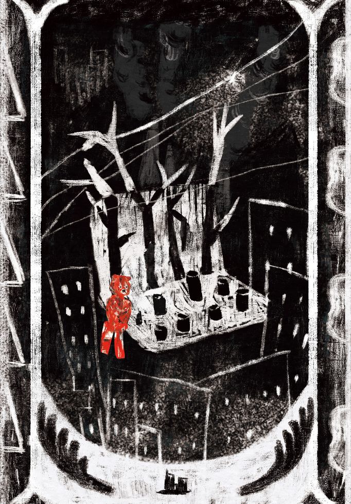 Illustration of a red bear on a black and white background of tree stumps and bare trees surrounded by tower blocks