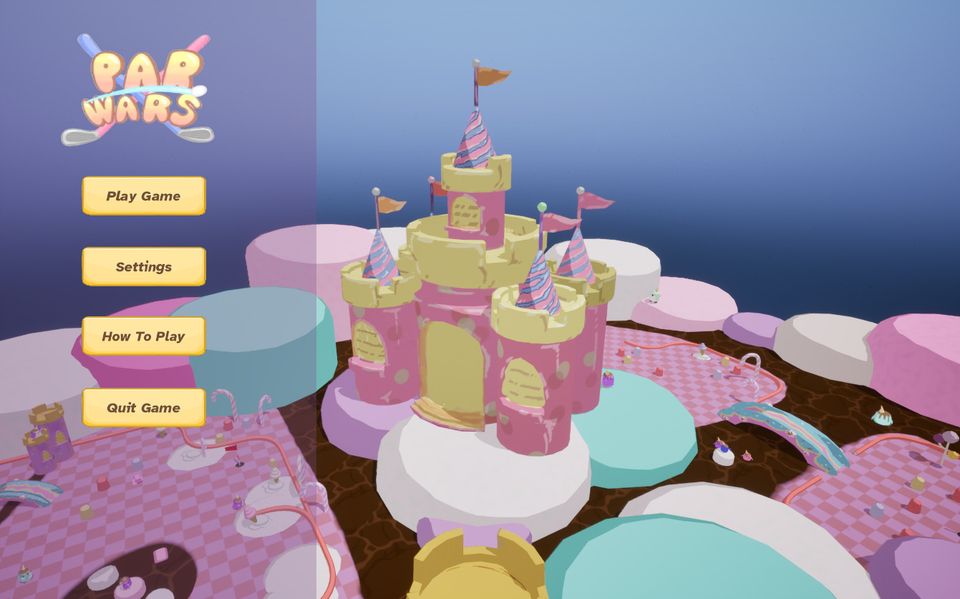 Colorful game menu with a pink and yellow candy castle, large round platforms, and options: Play Game, Settings, How To Play, Quit Game, on the left.