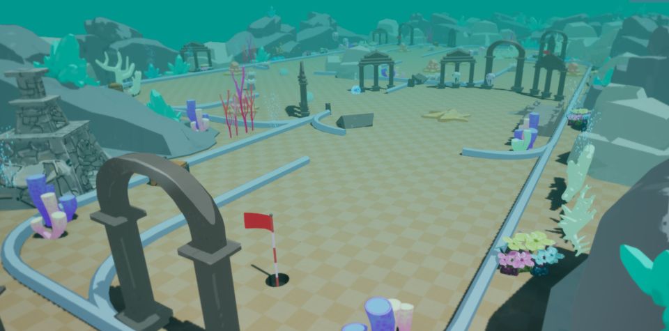 Underwater miniature golf course with stone arches, colorful corals, and a red flag. Paths weave through sea-themed obstacles.