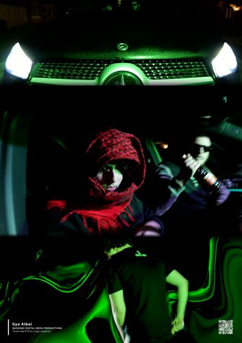 Photo of two people in car below photo of car bonnet and above photo of someone walking