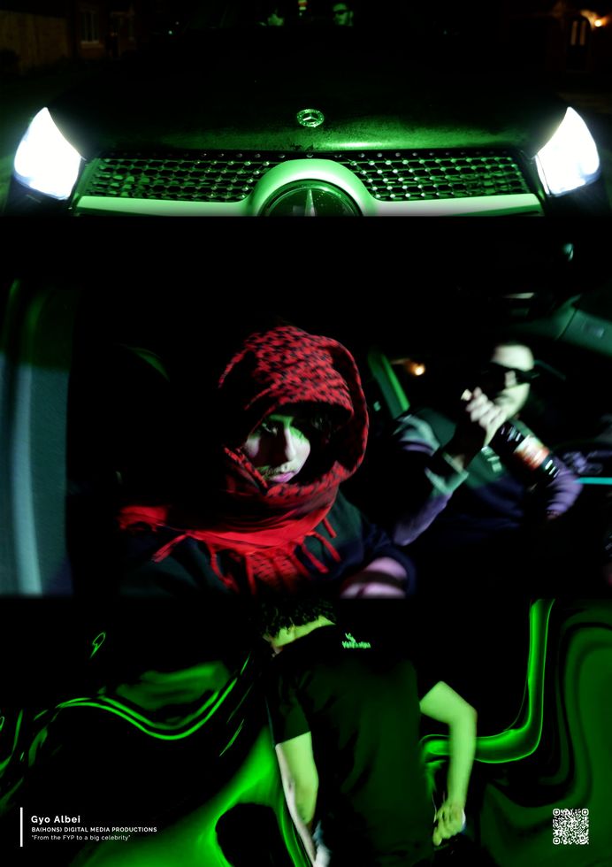 Photo of two people in car below photo of car bonnet and above photo of someone walking