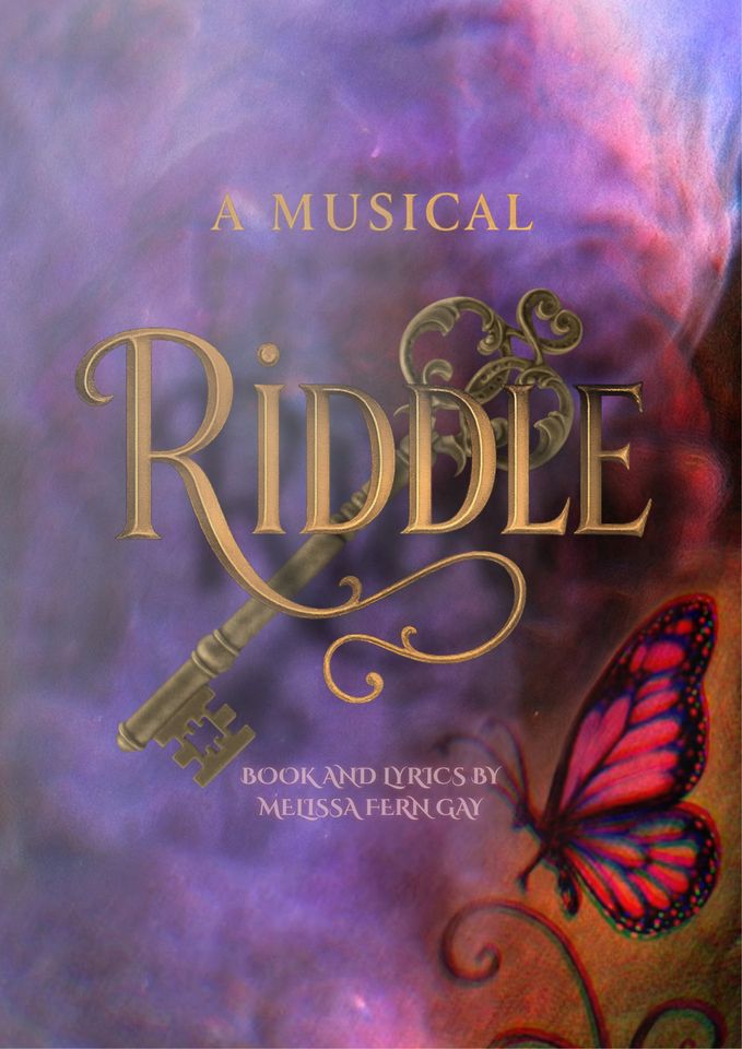 Poster for The Riddle musical featuring a brass key and a red butterfly