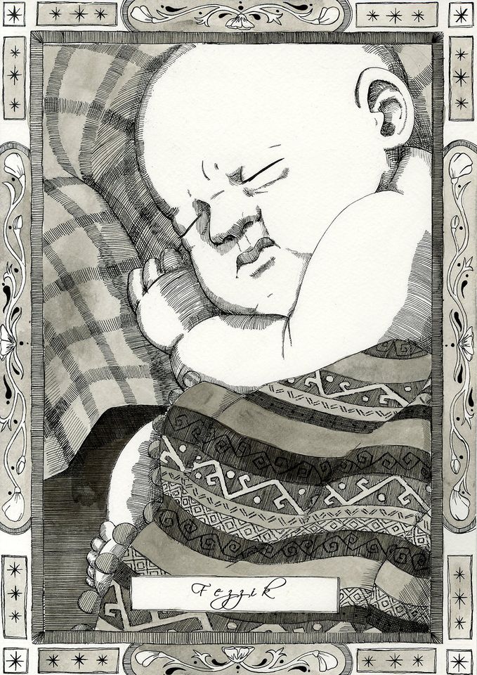 Monochrome illustration of a baby wrapped in patterned cloth