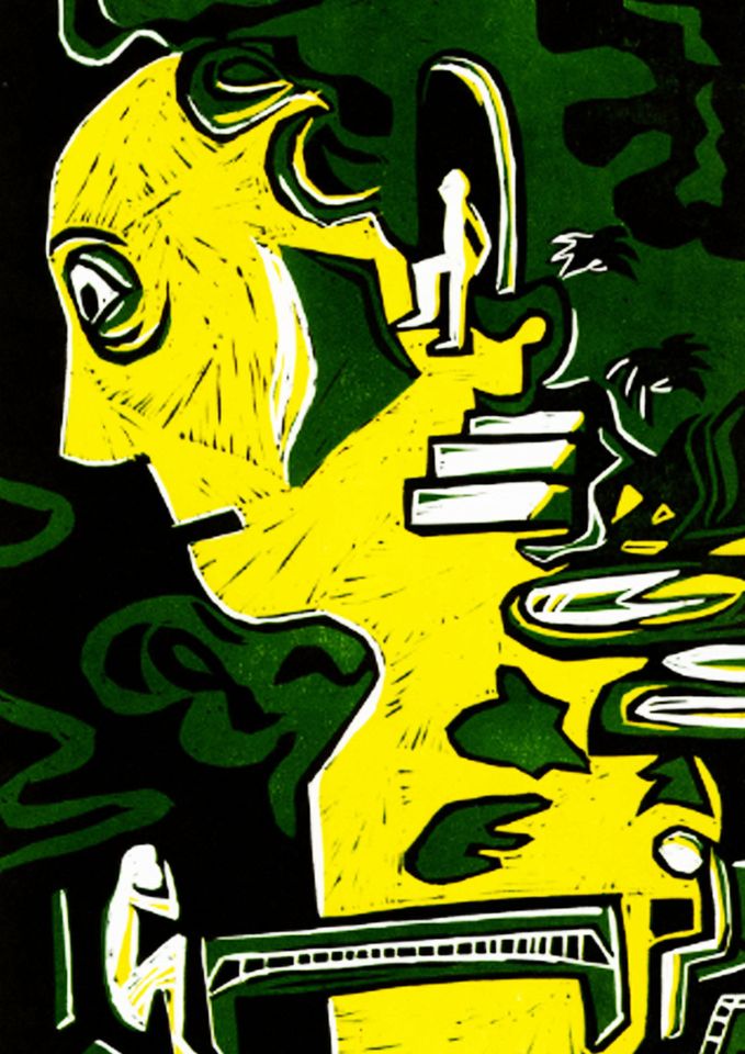 Illustration of person in yellow and green with smaller person sitting on head and another in front at a small desk