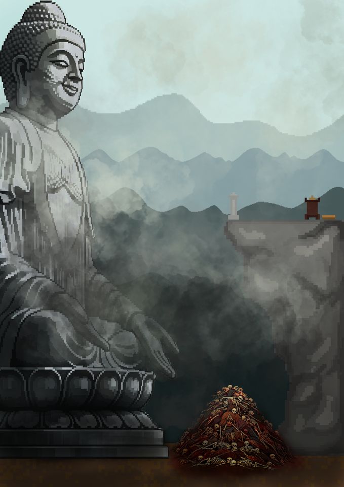 Illustration of giant Buddha statue in front of pile of skeletons