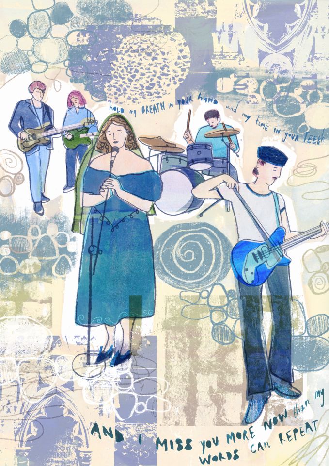 Illustration of a band playing, with female vocalist, three guitar players and drummer