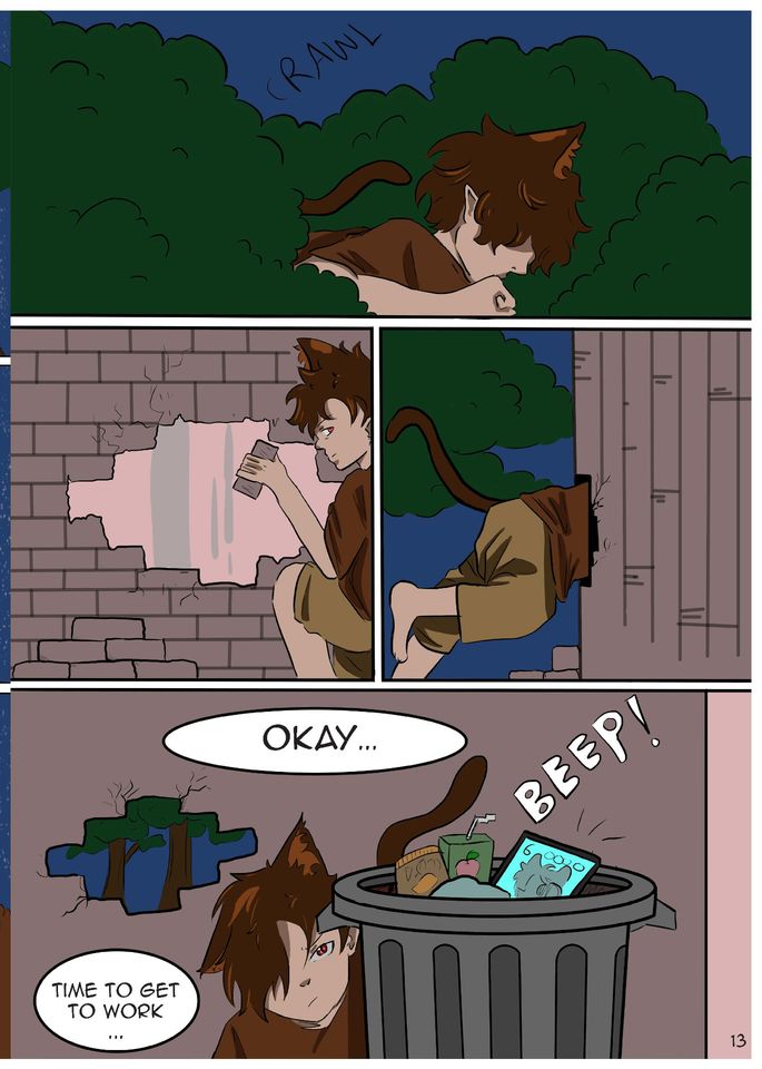 Graphic novel page showing teen with animal ears and tail making hole in brick wall then climbing through
