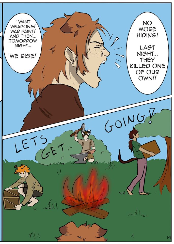 Graphic novel page showing teens with animal ears and tails preparing for battle