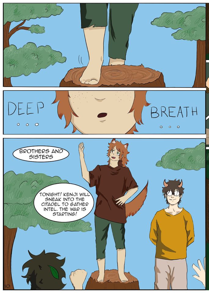 Graphic novel page showing teen with animal ears and tail giving pre-mission speech on tree trunk