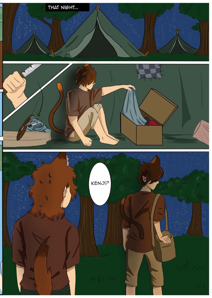 Graphic novel page showing teen with animal ears and tail in tent, and outside, with another following them and saying name