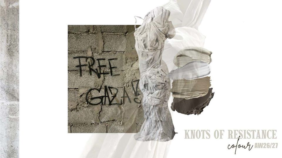 Photo of brown, beige and white knotted materials next to brick wall with graffiti reading "Free Gaza!"