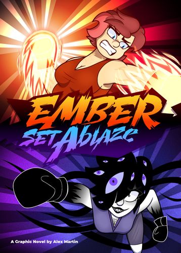 Graphic Novel cover showing female boxer in red at top and another in purple below, separated by the title "Ember Set Ablaze"