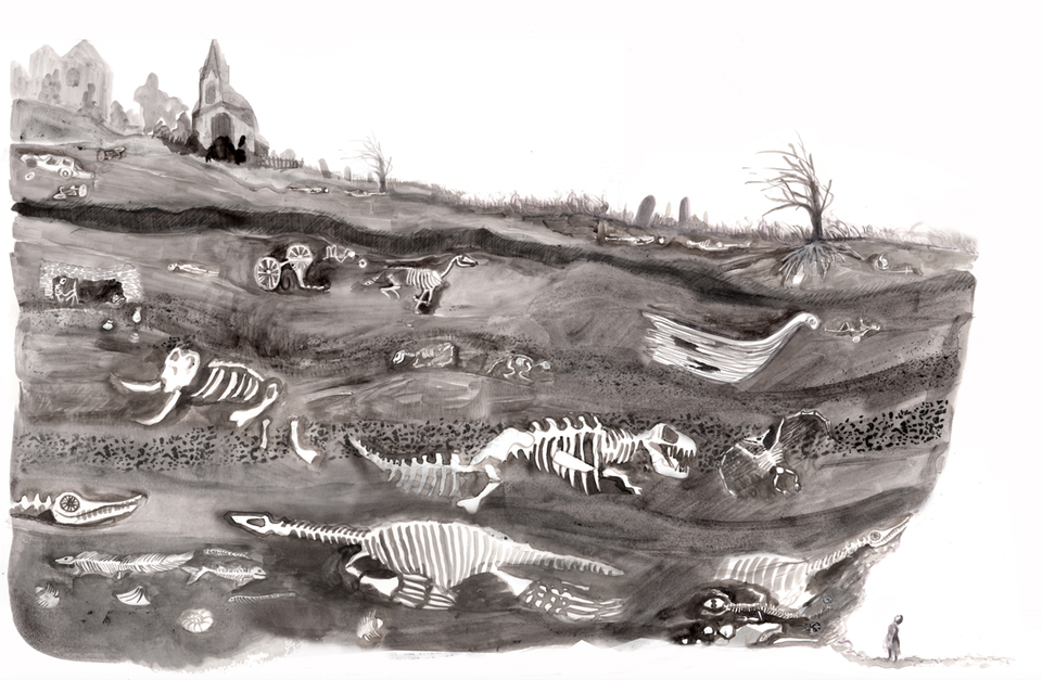 Illustration of dinosaur skeletons and other archaeological finds underground