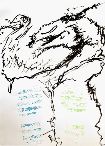 Rouch sketch of dragon with blue paint strokes to represent river, and green paint strokes on dragon