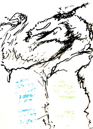 Rough sketch of dragon with blue paint strokes to represent river, and green paint strokes on dragon