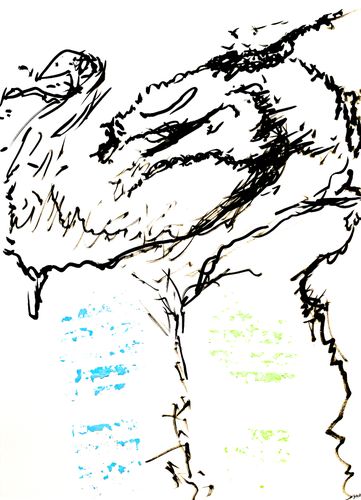 Rough sketch of dragon with blue paint strokes to represent river, and green paint strokes on dragon