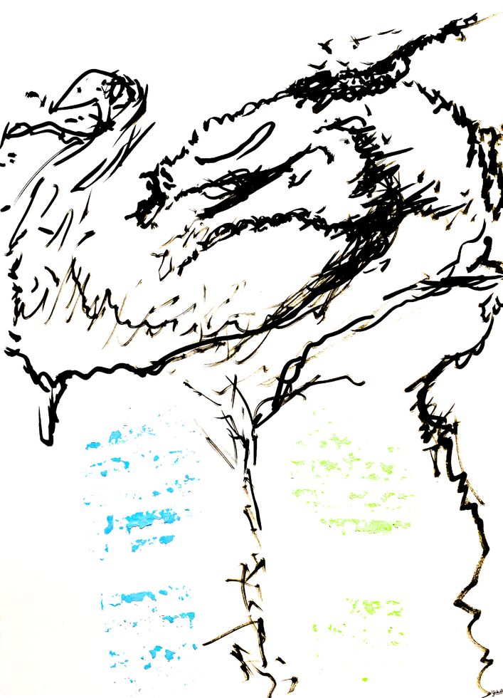 Rough sketch of dragon with blue paint strokes to represent river, and green paint strokes on dragon