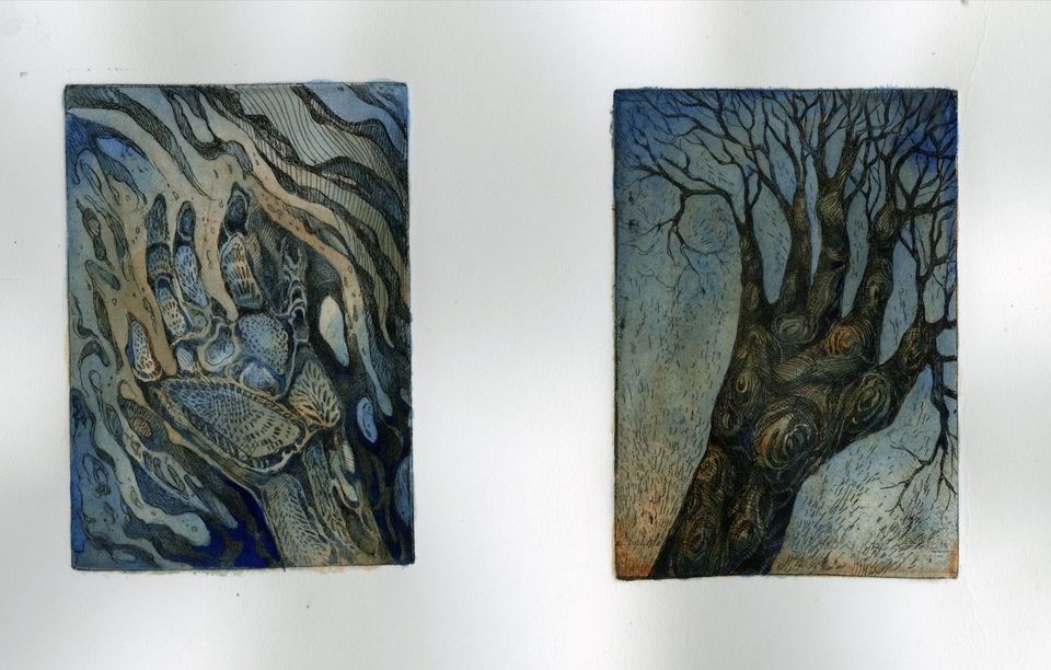 Two artistic illustrations: one abstract hand with flowing lines, the other a tree resembling a hand with branched fingers, in muted blues and browns.