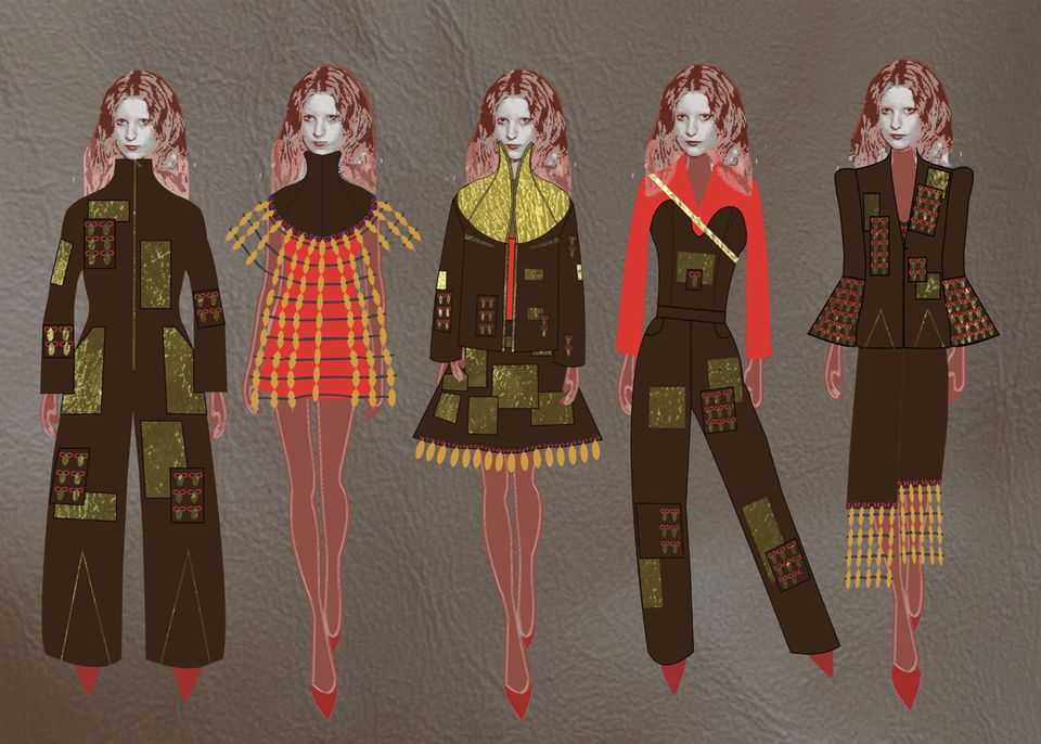 Five illustrations of different outfits for women