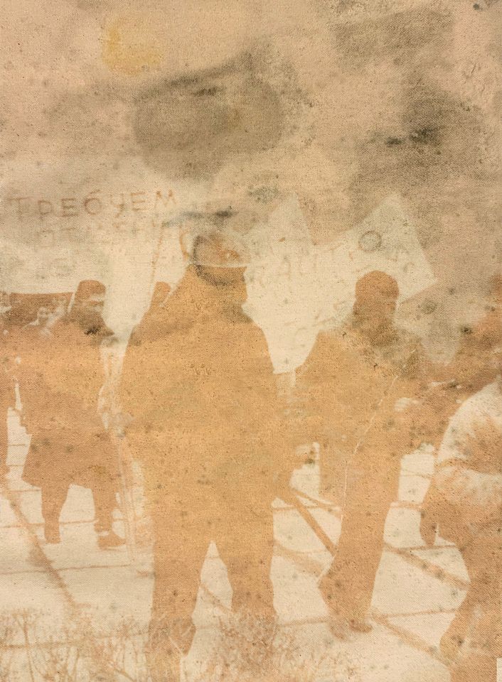 Faded sepia photo of protestors