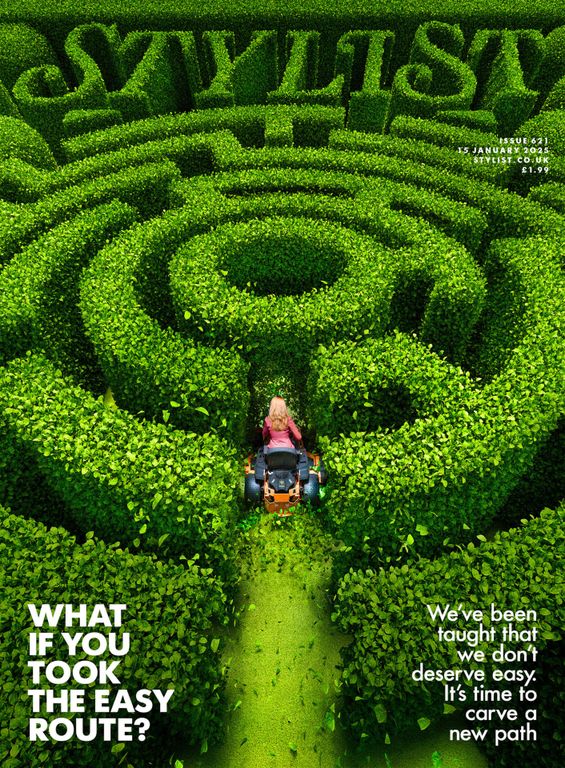 Cover of Stylist magazine showing someone riding a lawnmower into centre of maze
