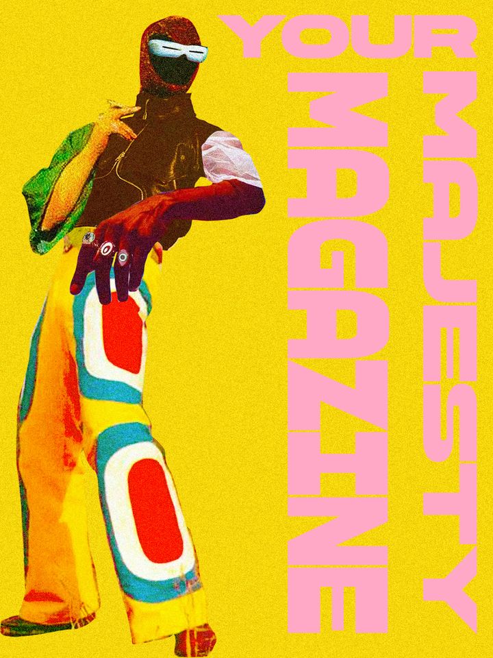Image of a person with a yellow background and pink text