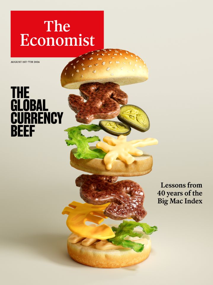 Cover of the Economist featuring a double cheeseburger pulled open with the contents all shaped like currency symbols