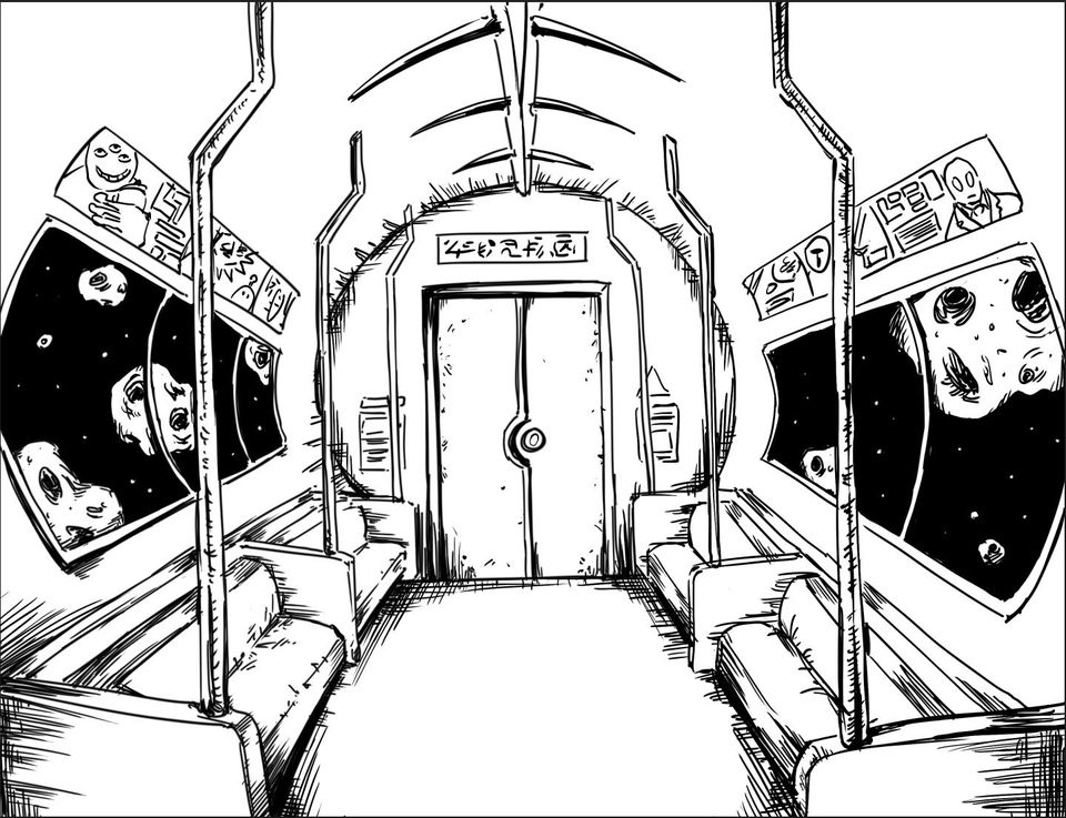 Black and white sketch of spaceship interior