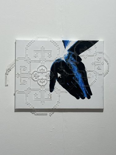Acrylic patterns and a pair of blue hands on canvas